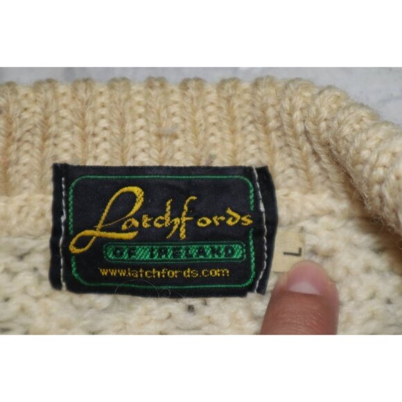 Vtg Latchfords Men's L Irish Wool Fisherman Cable Knit Sweater Ivory - Picture 3 of 7